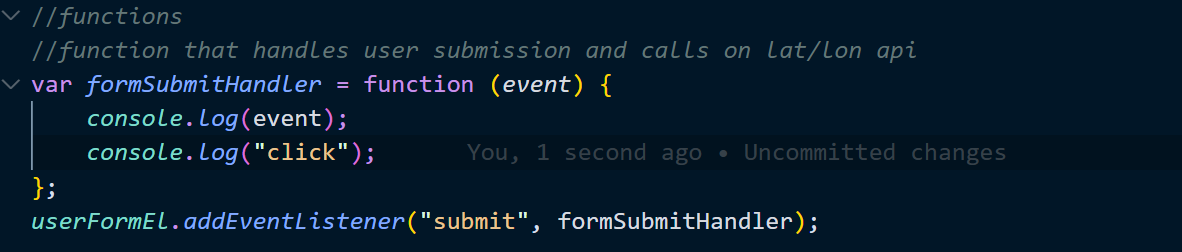 Image of console.logs to check the functionality of a submission handler